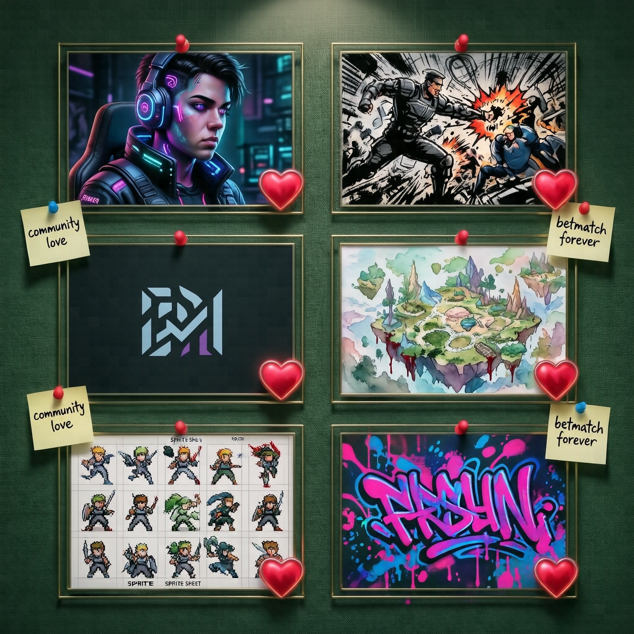 Community fan art collage featuring betmatch characters and scenes